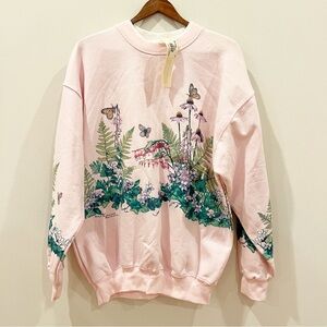 NEW Vintage Art Unlimited Sweatshirt Women Large Pink Flowers Butterflies Garden